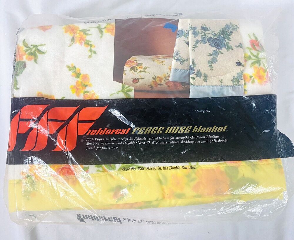 Vtg Fieldcrest #1632 Peace Rose Floral Double Blanket 90x80" Neva-Shed NOS
